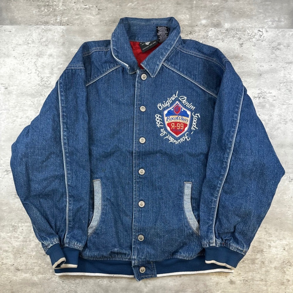 Vintage Rocawear Denim Varsity Jacket Blue Y2K Hip Hop Bomber Boys Large 14/16